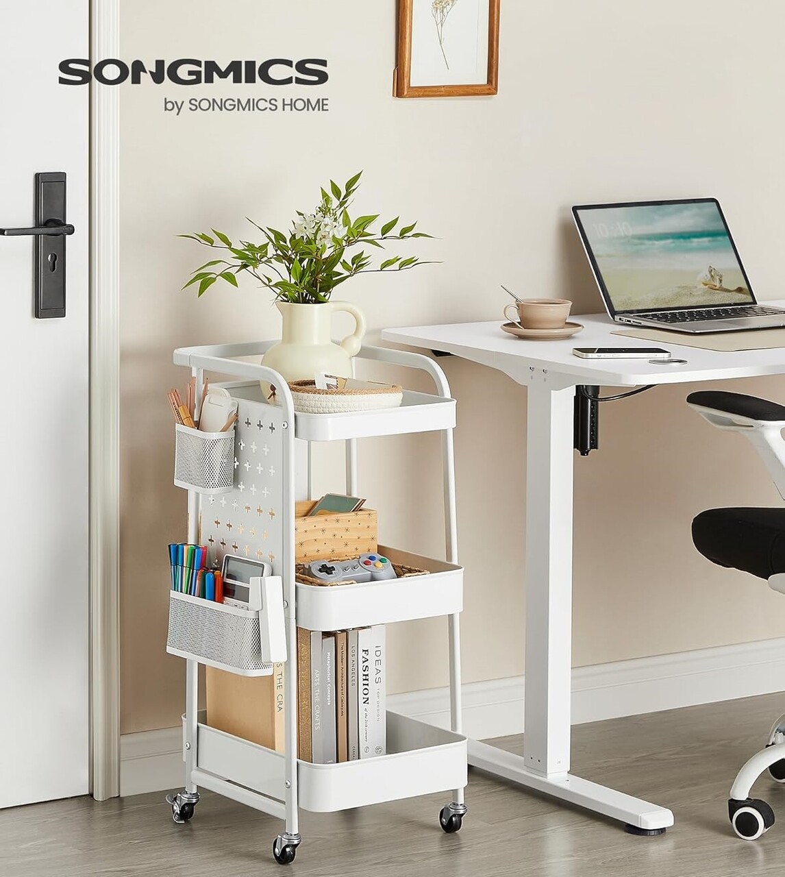 Carucior cu 3 rafturi, Songmics, 43.3x32.3x73.9 cm, max 30 kg, alb - imagine 7